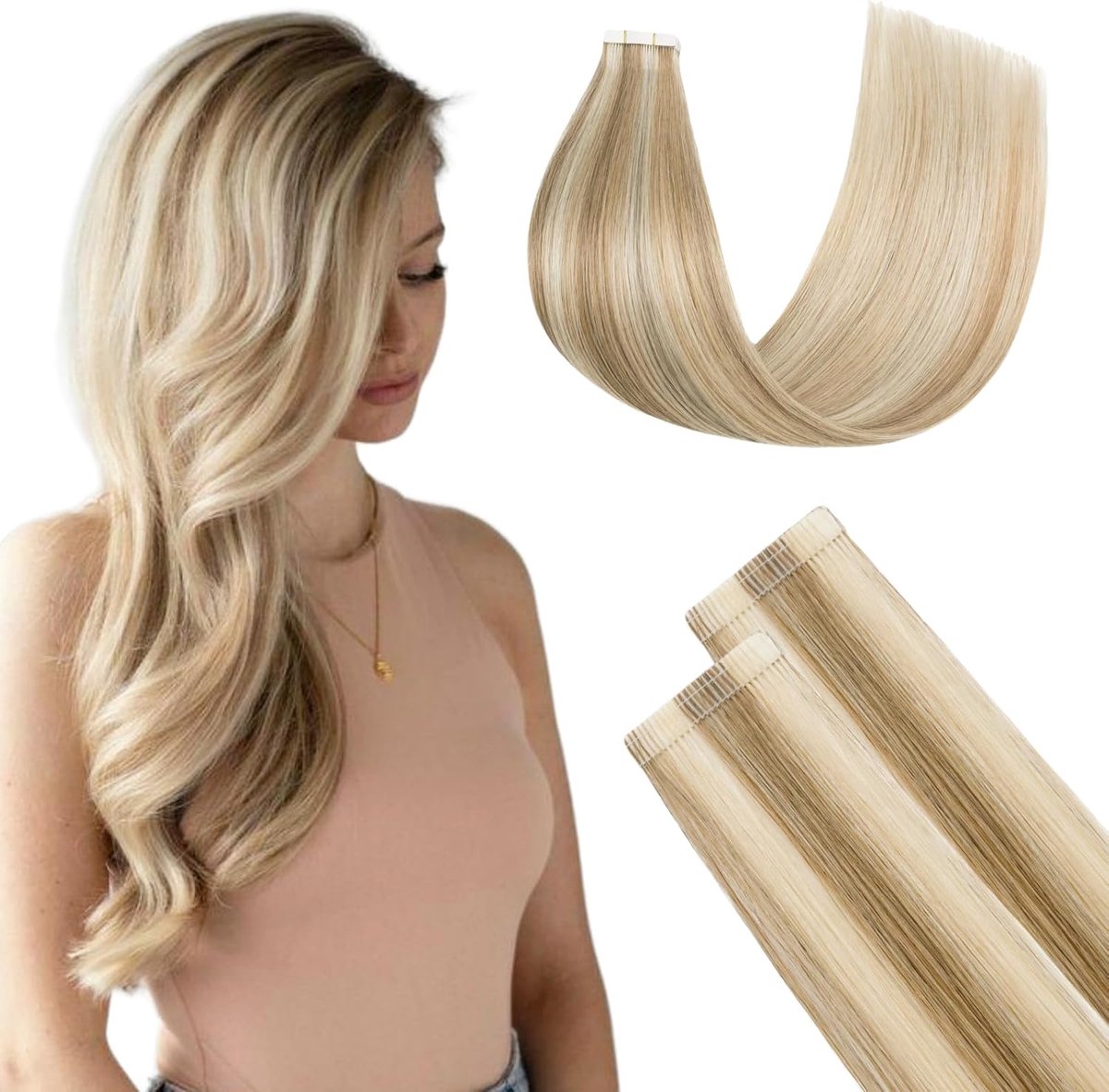 Haarverlenging van Echt Menselijk Haar (Balayage karamelblond tot gebleekt blond, 30CM)