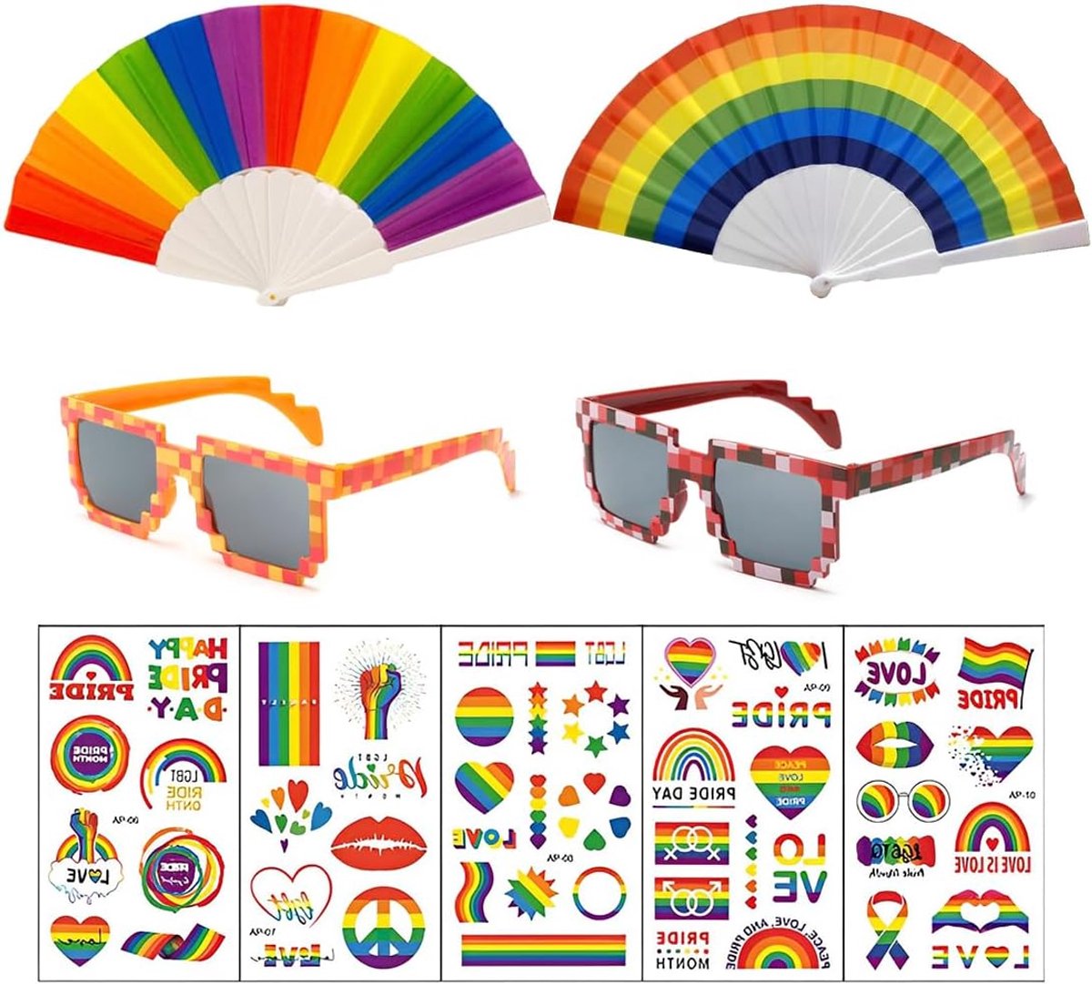 20s kostuum heren vrouwen accessoires, 9 stuks Gay Pride accessoires, accessoireset, regenboog bril, vouwwaaier, tijdelijke tatoeages gay pride set voor gay lesbische pride parades