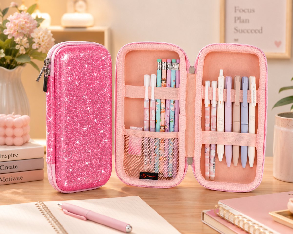 Eva-etui met harde schaal, groot etui voor kantoor en school, schokbestendig, voor pennen en vulpennen, Glinsterende roos, L, Minimalistisch