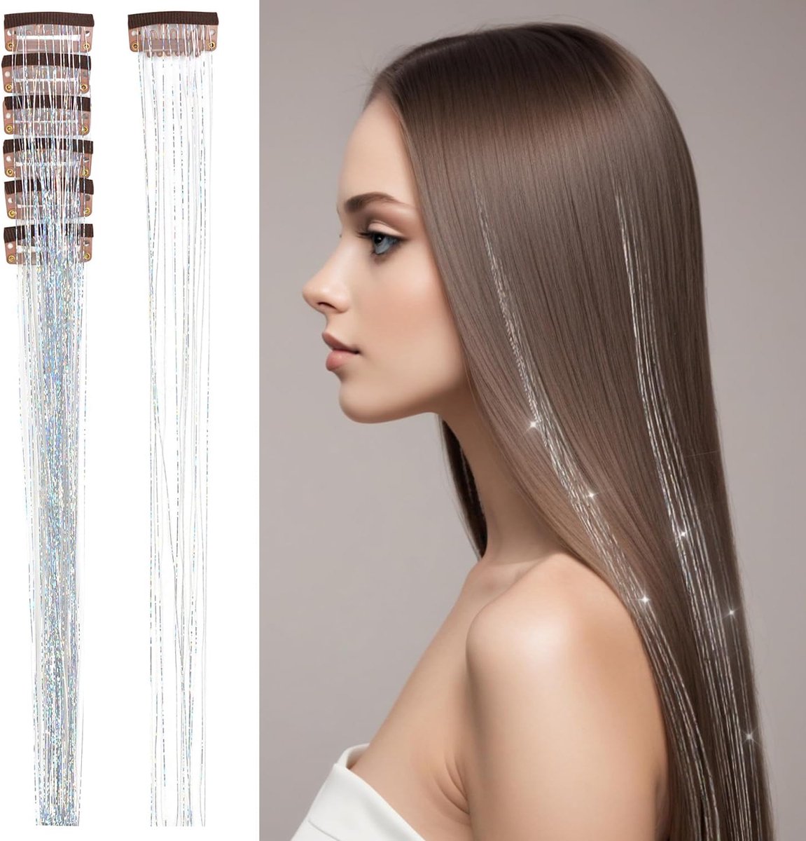 6 stuks Clip-in Haar Tinsel Set 20,5 inch Hittebestendige Glinsterende Haarverlengingen Sprookjeshaar Tinsel voor Dames Haarstyling Feestcadeau (zilver)