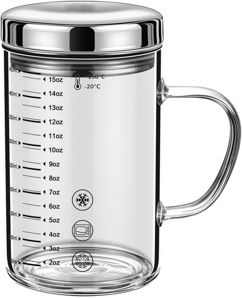 450ml hoogwaardige borosilicaatglas maatbeker met roestvrijstalen deksel