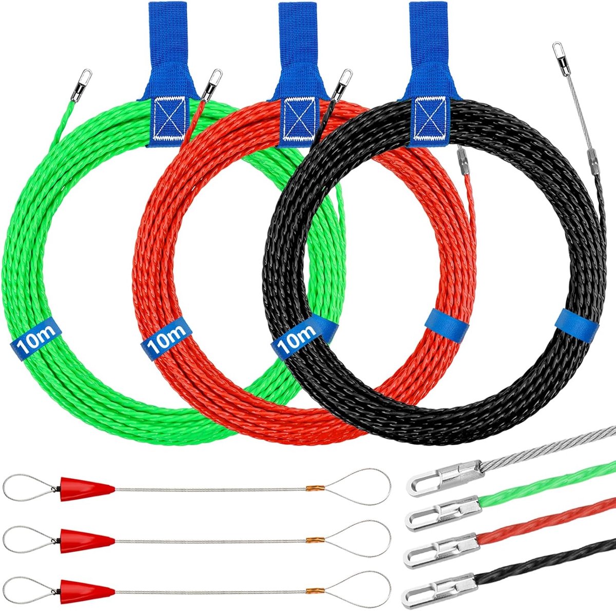 3 stuks kabelintrekhulp 10 m, intrekspiraal trekdraad met 6 geleidingsveer, intrekband φ4 mm, kabelintrekhulp in ideale intrekband voor het leggen van lege leidingen, groen, rood, zwart