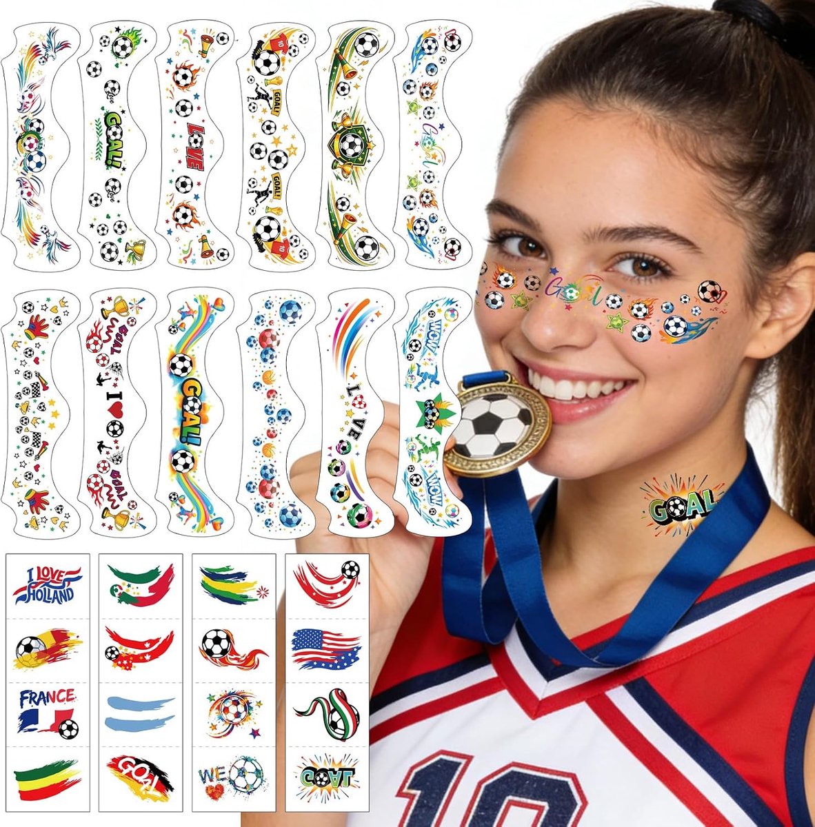 20 stuks glitter sproeten gezichtstattoos voor voetbalfans - waterdichte gezichtsstickers voor speldag, voetbalfeesten en sportfan-make-up