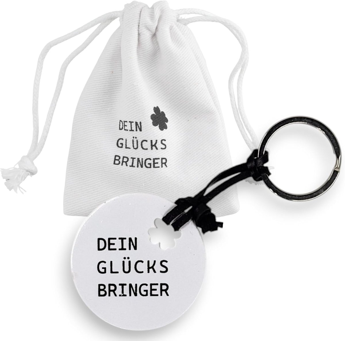 Geluksbrenger van keramiek – sleutelhanger & tashanger met spreuken in stoffen zak, 4,8 cm, Glück To Go