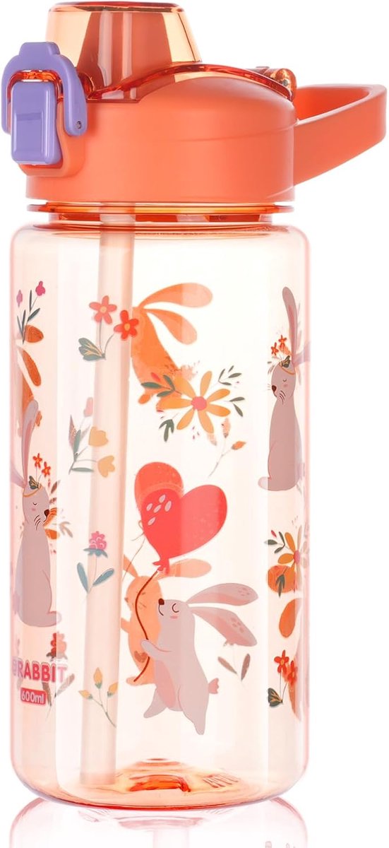 Flintronic Drinkfles voor kinderen, 600 ml, met rietje, BPA-vrije kinderwaterfles, sportwaterfles met lekvrij flip-topdeksel, voor meisjes en jongens, blauw