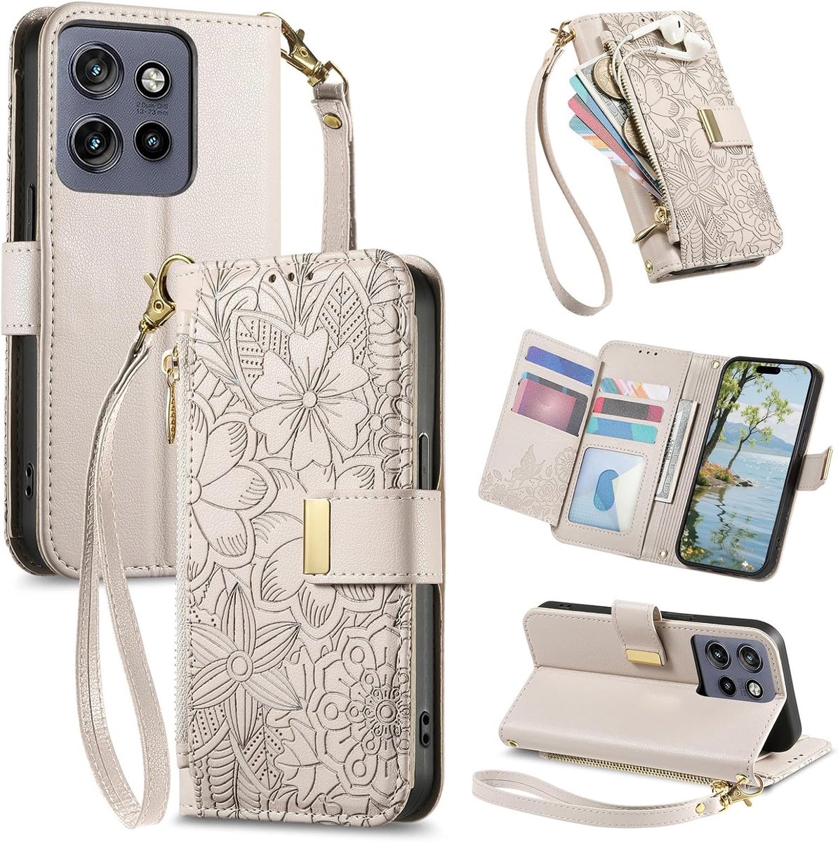 Portemonneehoesje voor Motorola Moto Edge 60 Neo / 50 Neo, fliphoesje van leer met kaartsleuven en muntvak met ritssluiting, magnetische sluiting, opvouwbare standfunctie, bloem- en bladdesign