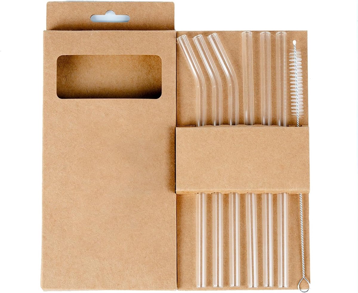 Herbruikbare doorzichtige glazen rietjes (20 cm / 7,9 inch) – BPA-vrije borosilicaat-rietjes, 3 rechte en 3 gebogen met reinigingsborstel, vaatwasmachinebestendig, plasticvrij voor