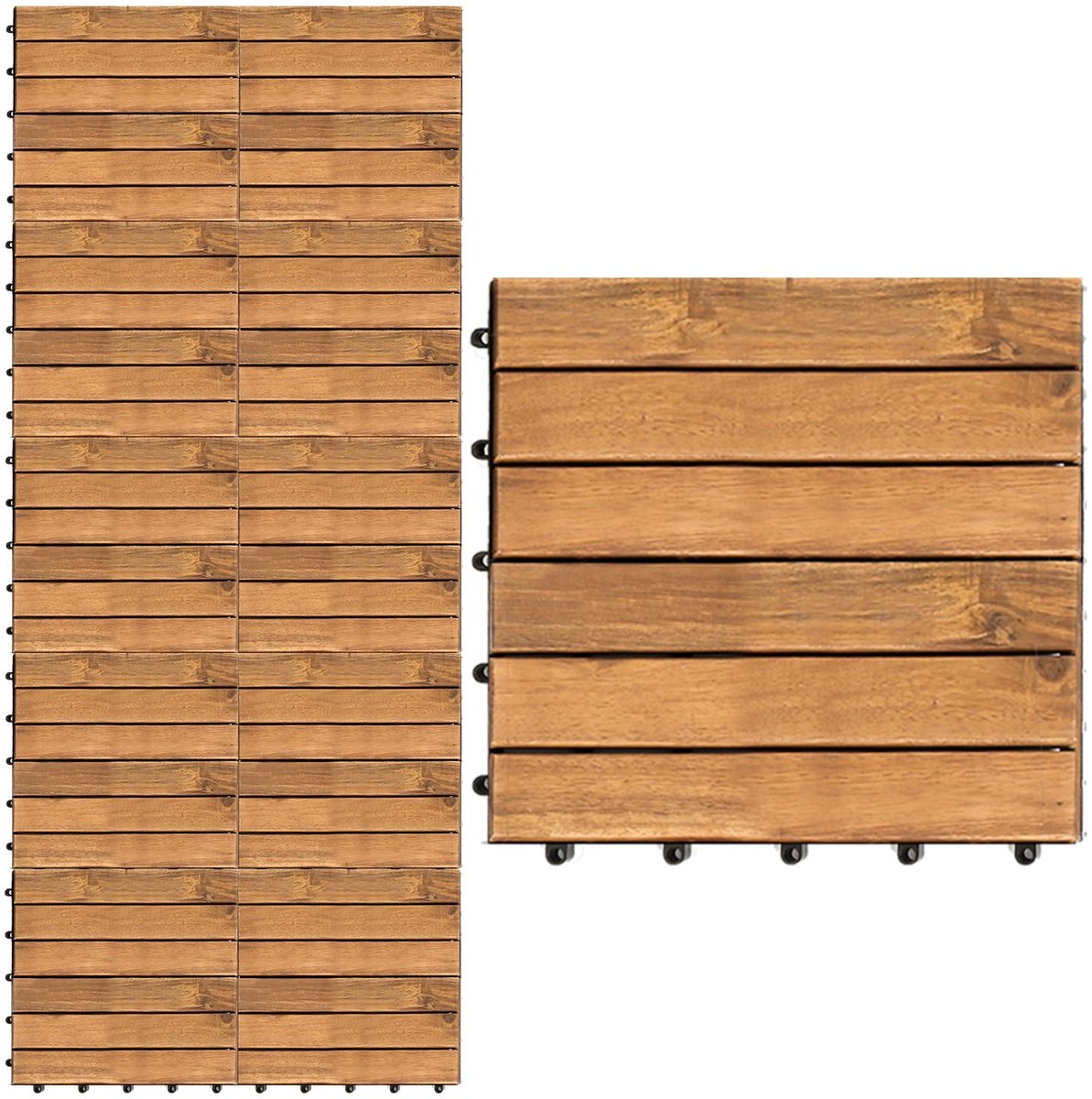 Houten tegels, 30 x 30 cm, 6 latten, 66 tegels voor 6 m² terrastegels, weerbestendig, van acaciahout, vloerbedekking houten vloer, kliksysteem met drainage
