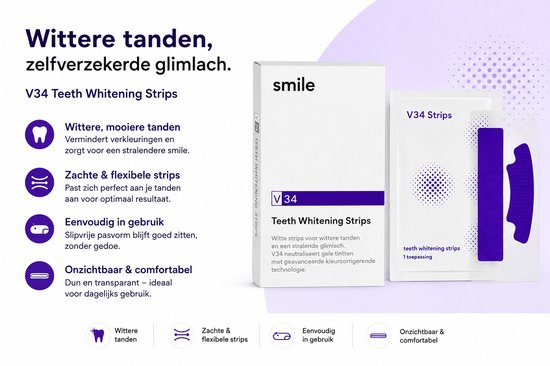 Twee verpakkingen met paarse V34 tandenbleekstrips, met een stippenpatroon, en een doosje.