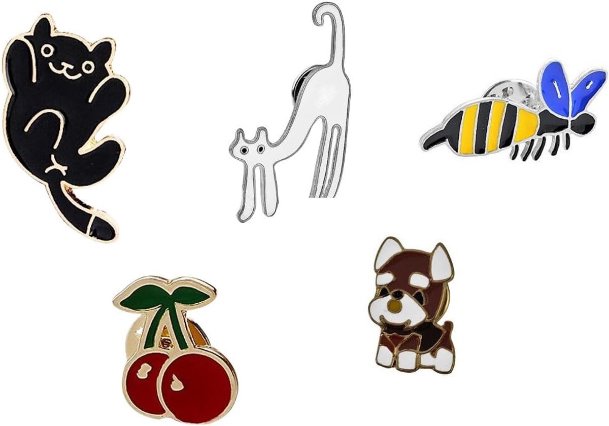 Spelden, bijen, broche, hond, reversspeldje, kersen, spelden, pins, metaal, 5 stuks set, emaille
