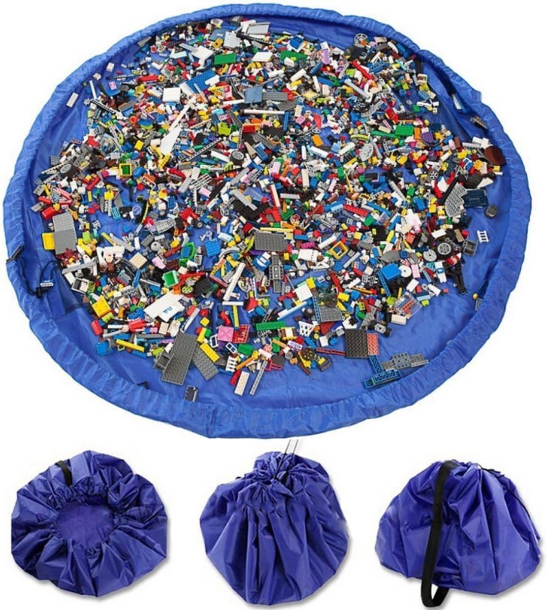 Eenvoudige speelmat die in een verzamelzak kan worden veranderd, ideaal voor een snelle verzameling van Lego, Duplo en verschillende speelgoed (maat - 150 cm) (blauw)