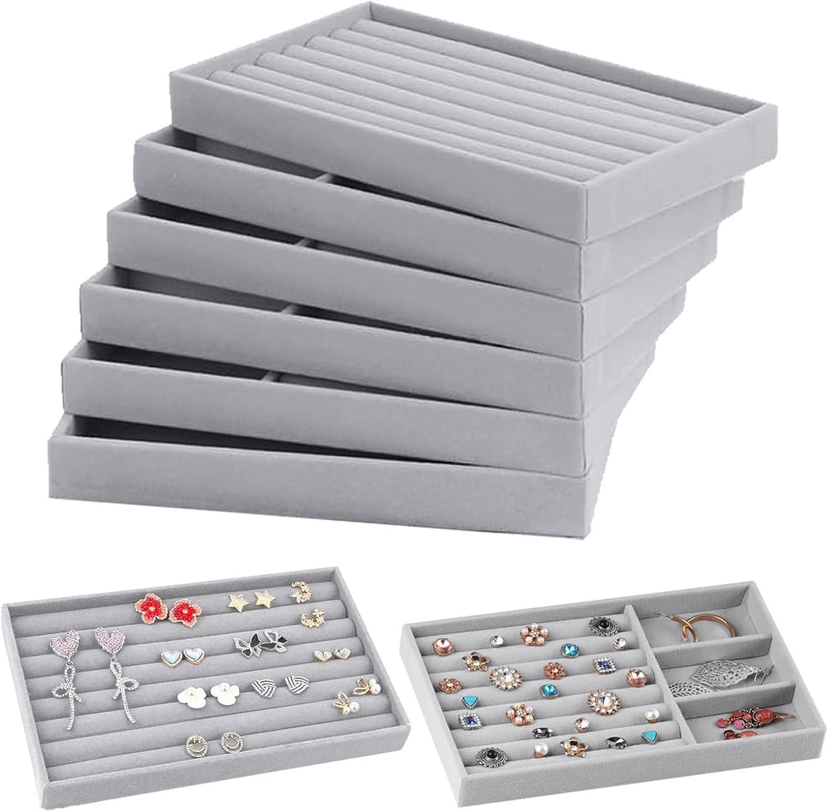 6 stuks sieradendienblad, lade-organizer, sieradenopslag lade, sieradeninzet voor laden, afneembare fluwelen voering voor het opbergen en presenteren van verschillende sieraden