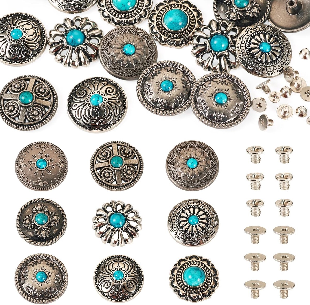 22 Sets zinklegering decoratieve klinknagels met ijzeren schroeven, platte ronde synthetische turquoise gesp, vintage gem-gesp voor tassen, lederen knutselwerk decor, Brons