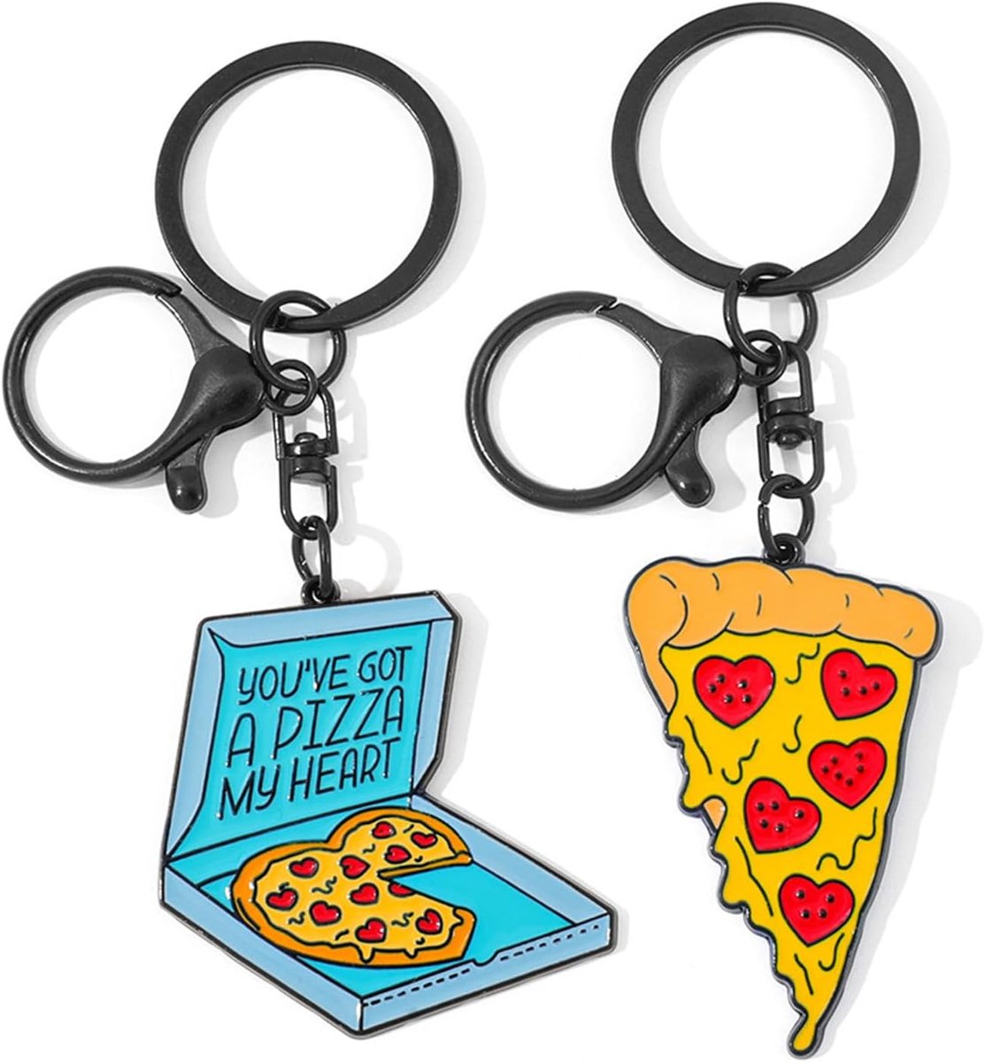 2 x pizza-sleutelhanger met cartoon, creatief eten voor koppels en beste vrienden, Kawaii-accessoires voor rugzakken en autosleutels, origineel vriendschaps- en verjaardagscadeau