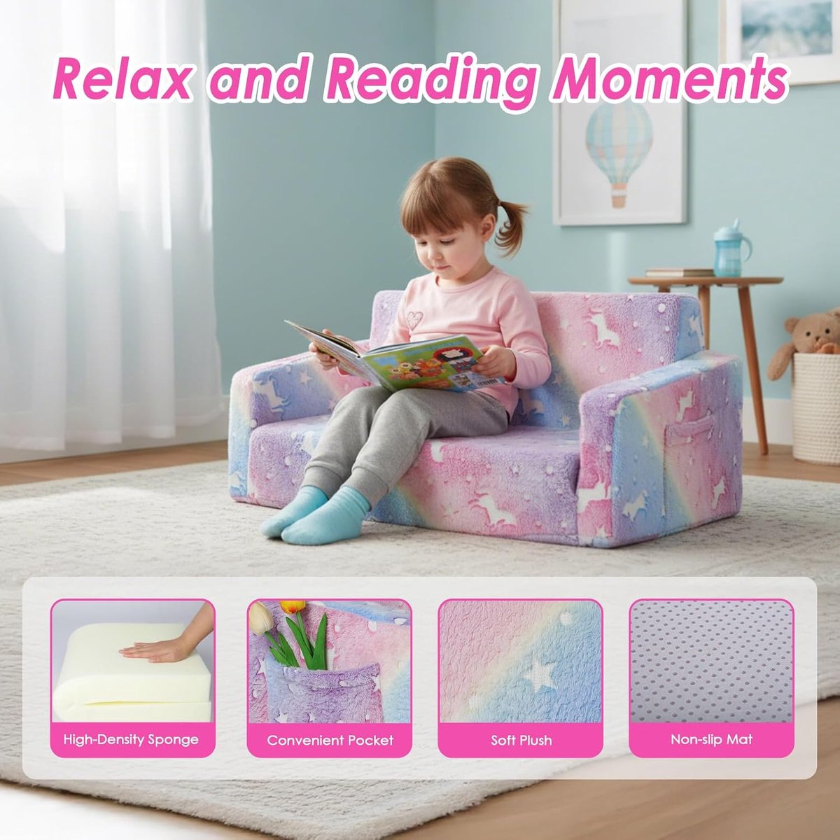 Kinderbank 2-in-1, stabiele stoel, licht op in het donker | Fauteuil ombouwbaar in kinderbed, Lumineux Avec Couverture slaapkamer, woonkamer en speelkamer