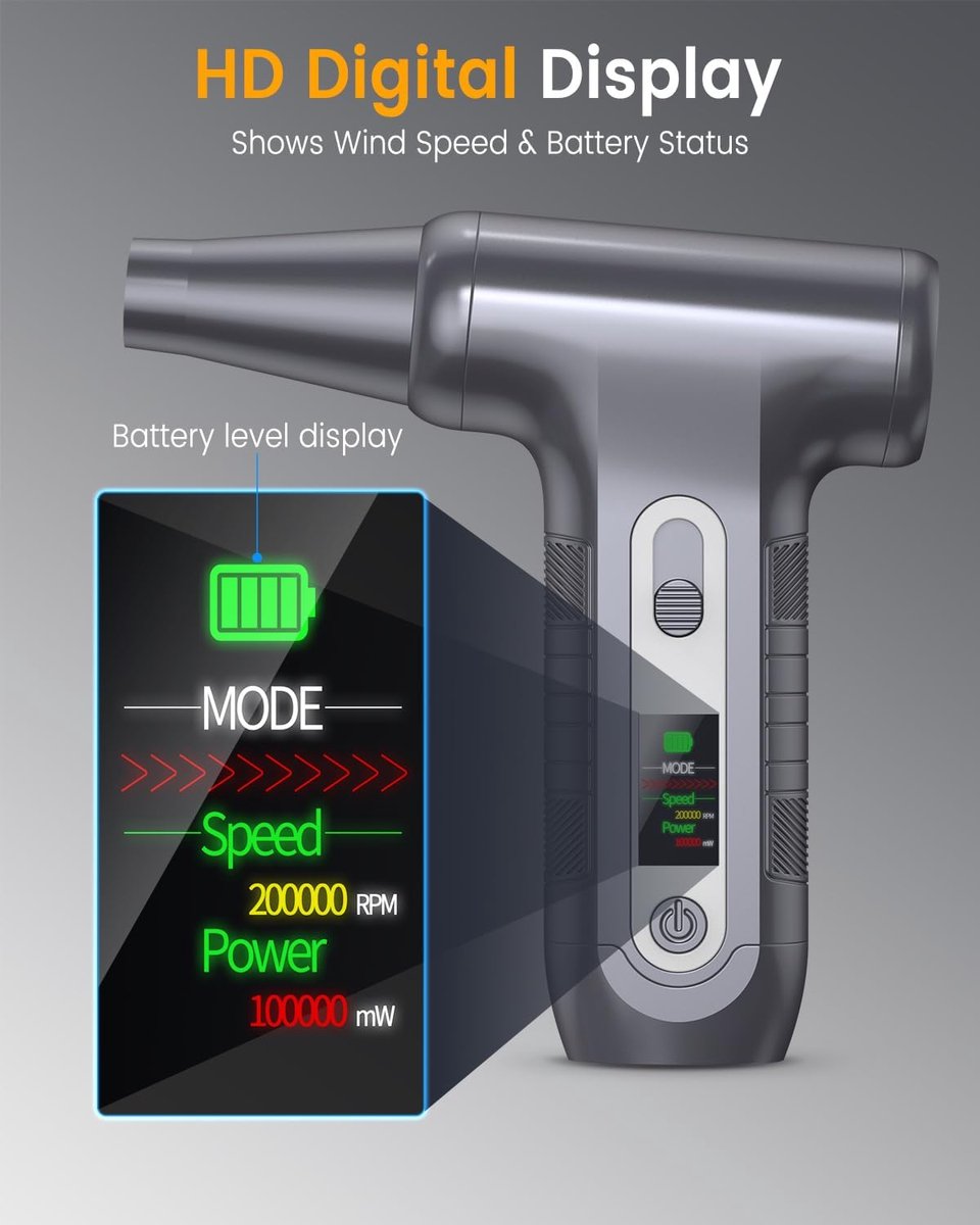 Stofblazer 200.000 rpm met HD-display, Air Duster mini-ventilator voor pc-reiniging met ledlicht, persluchtspray voor laptops, toetsenbord, elektronica, model W06, zilver