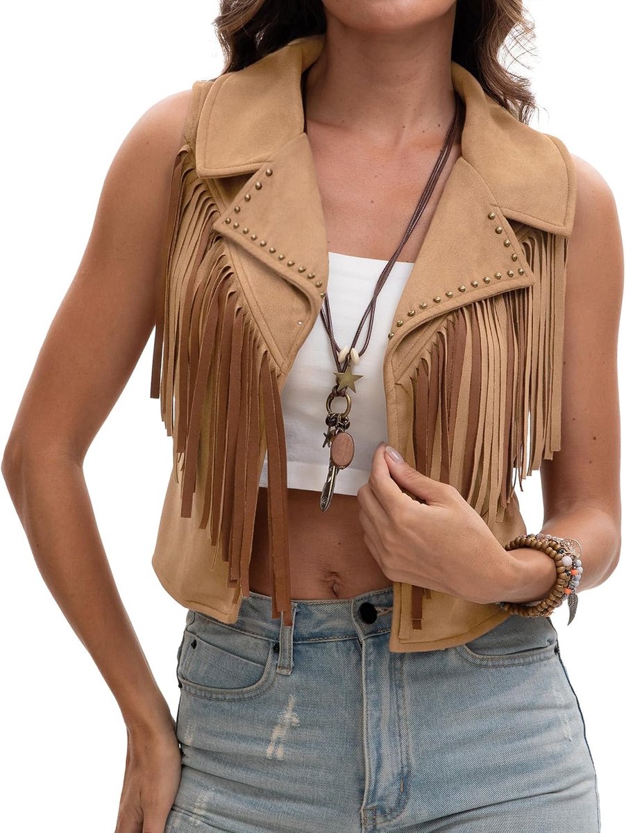 Hippie, suède vest met franjes, mouwloos, vintage jas, korte elegante franjesjas, Oktoberfest, carnaval, kostuum, disco outfit