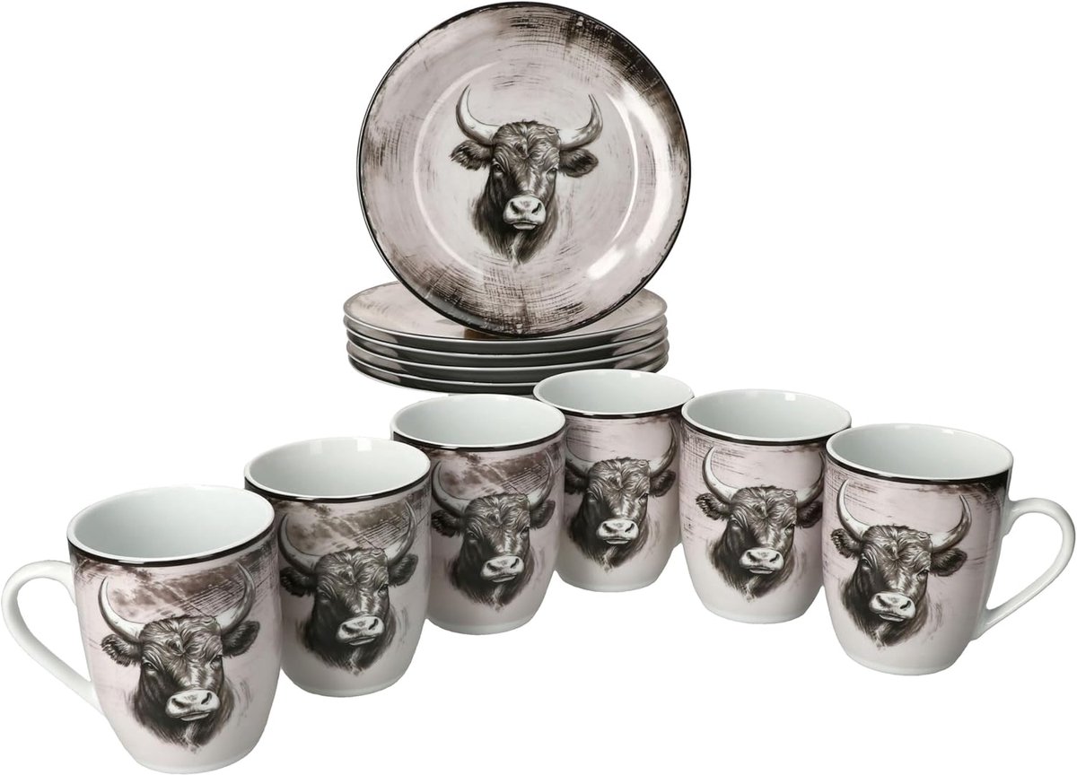 Toro 12-delige ontbijtset, porseleinen servies met koeienmotief voor 6 personen, 6 x koffiekopjes 280 ml en ontbijtborden, roze-crèmekleurige landelijke stijl