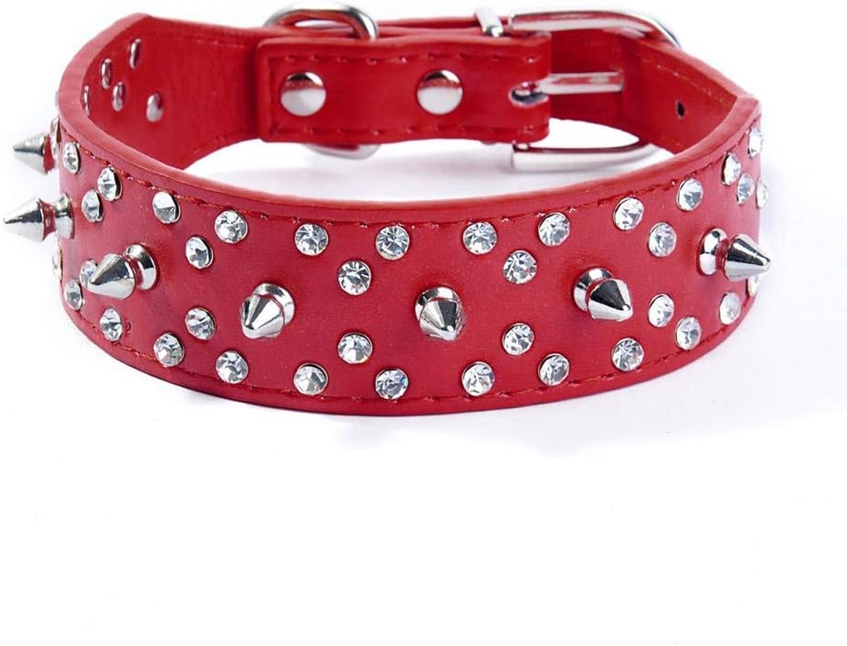 Hondenhalsband met spikes, stijlvolle lederen halsband, met kogelklinknagels en strass-steentjes, zacht en verstelbaar, voor middelgrote en grote honden (S, rood)