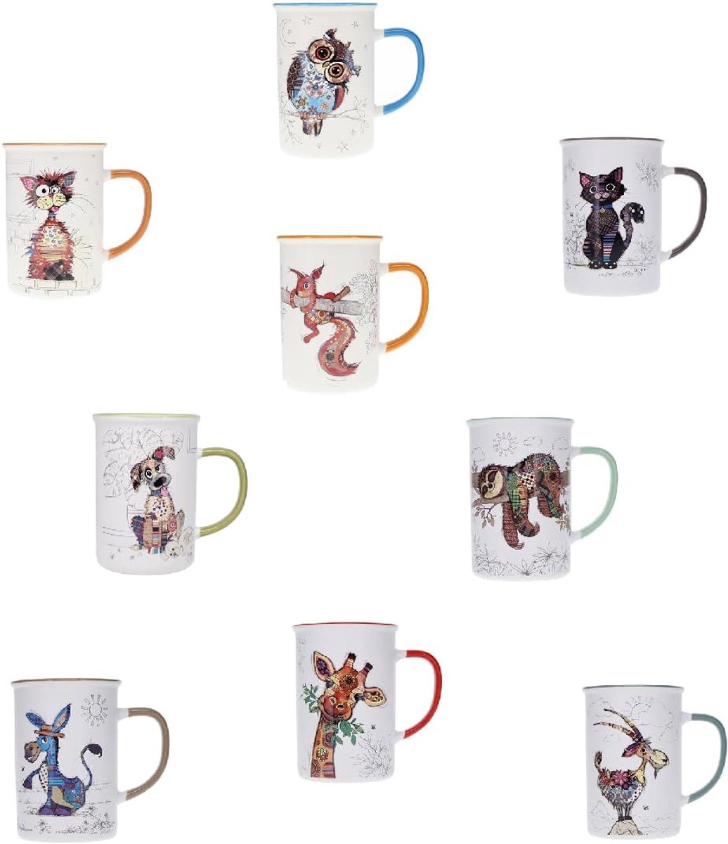 Mokken met dieren (kat, hond, eekhoorn, luiaard, enz.) Inhoud: 360 ml – hoogte 11,5 cm – porselein