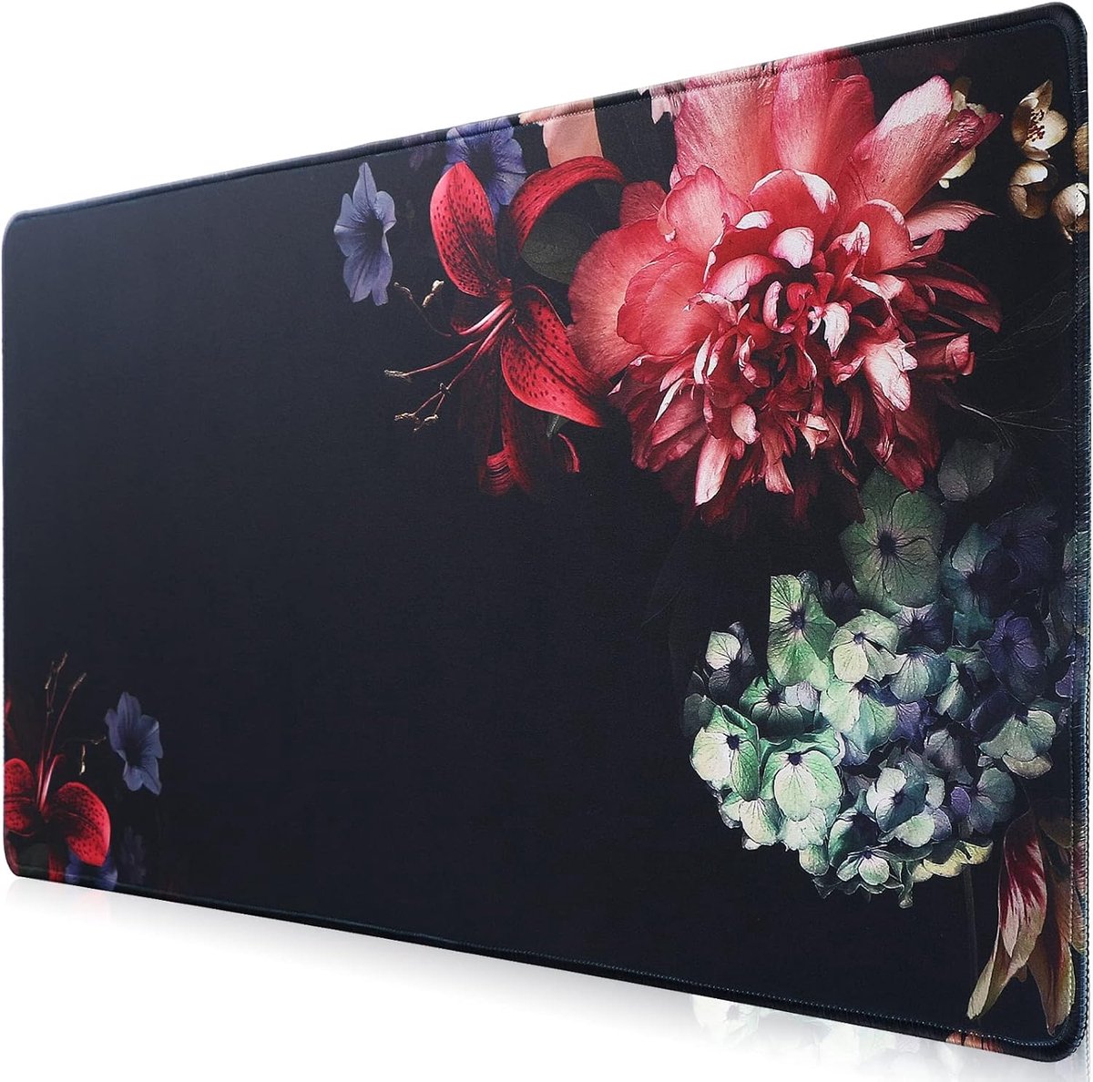 Muismat, uitgebreide muismat afmeting 90 x 40 cm dikte 2 mm, antislip en waterdichte computermuismat met genaaide randen voor gaming/kantoor/thuis-90 x 40 Blackflower