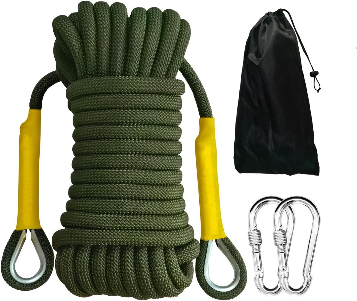 Klimtouw, 12 mm, 30 m, nylon, high-performance touw met 2 stalen haken, outdoor, reddingstouw, touwtouw voor kamperen, bergbeklimmen, boottochten, legergroen