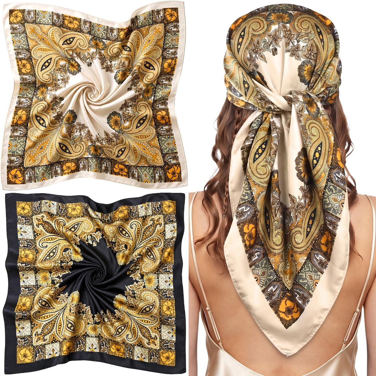 Set van 2 Vierkante Satijnen Sjaals 90x90cm - Zachte Hoofddoek, Haar Wrap & Bandana voor Dames en Meisjes