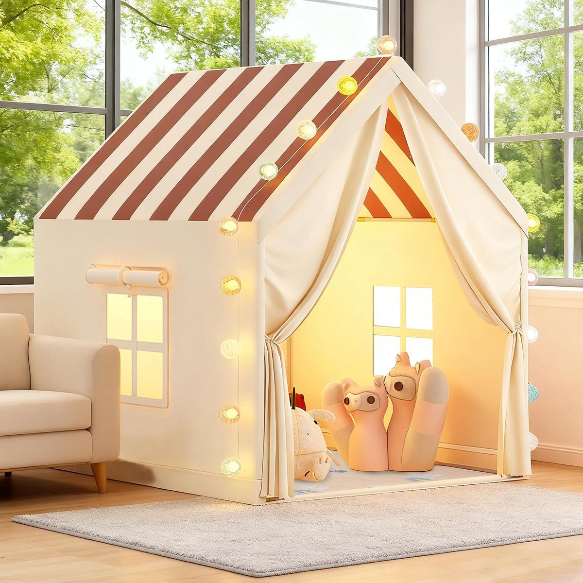 2-in-1 speeltent met mat, gestreepte kindertent, kindertent, indoor speelhuis, tent, kinderkamer, speelhuis voor de interieurinrichting van kinderkamers