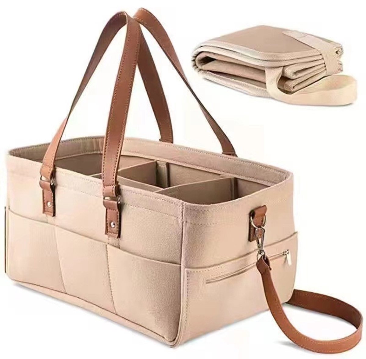 Baby Luier Organizer Opbergmand - Luier Organizer - Luier Caddy - Luierzakjes Opbergdoos - Luieropbergmand - Luiertas - Met Schotten, Schouderriem & Ritssluiting - Voor het opbergen van luiers, billendoekjes, flesjes en speelgoed - 38 × 23 × 18 cm