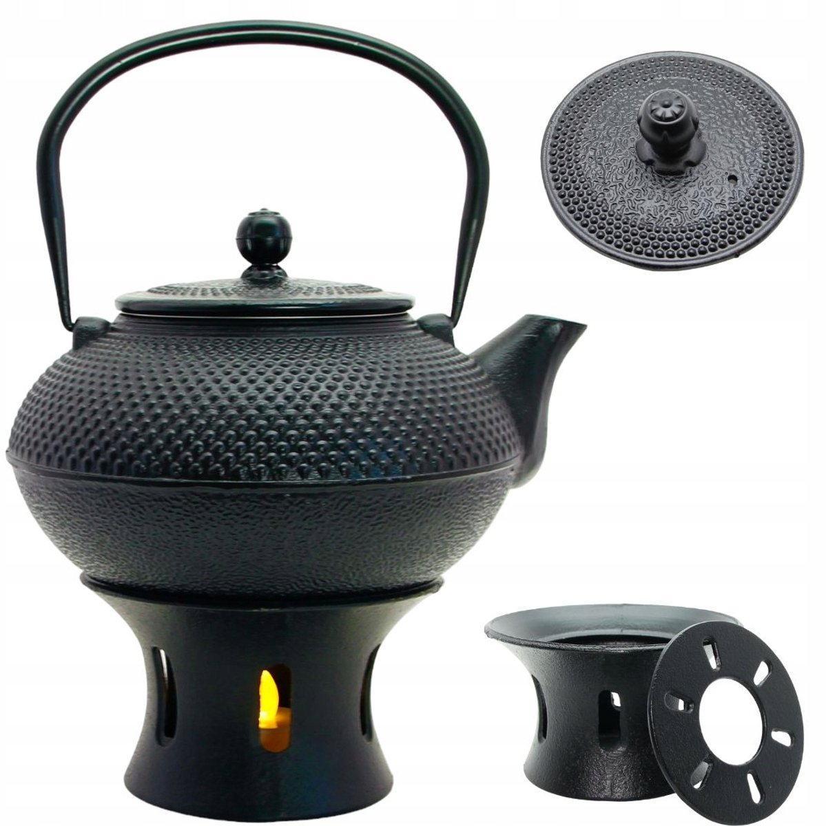 Gietijzeren theepot 1.5L met zeef en waxinelichtjeshouder