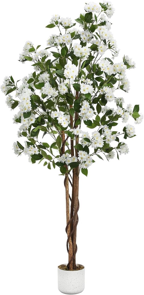 HOERFURIY Garvee kunst osmanthus boom 180cm witte bloemen - driedelige houten stam polyester - decoratie woonkamer entree terras kantoor