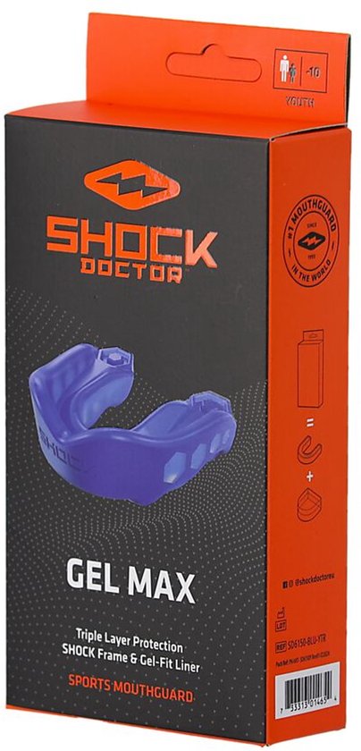 Oranje en zwarte Shock Doctor "GEL MAX" verpakking met een koning-blauwe mondbeschermer erop.