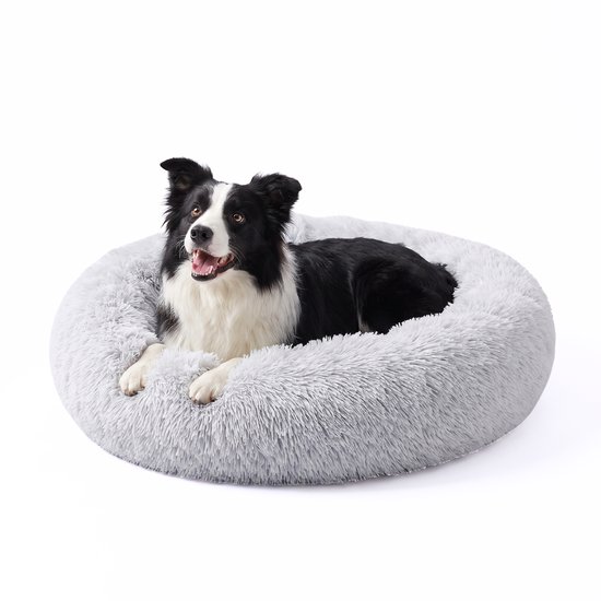 Un chien border collie est allongé dans un lit rond en peluche grise pour chien.