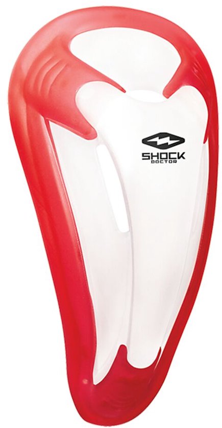 Rode en witte Shock Doctor kruisbeschermer voor heren met een geventileerd ontwerp.