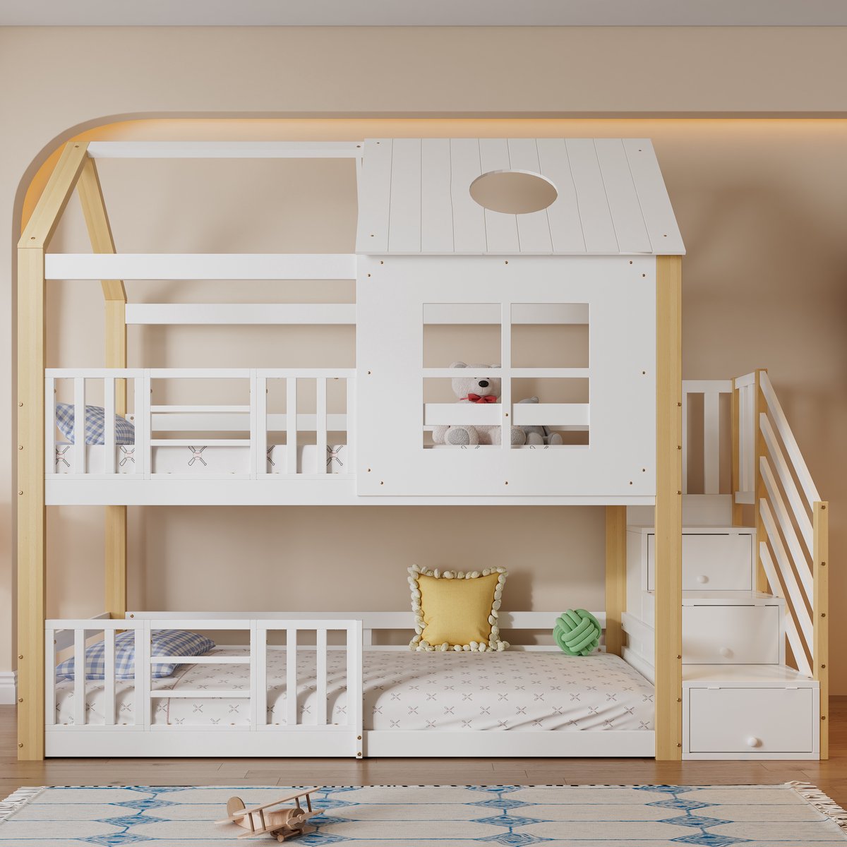 Kinderbed - voor matras 90 x 200 cm - wit en naturel - met USB-aansluiting en opbergruimte - matras niet inbegrepen - voor de slaapkamer