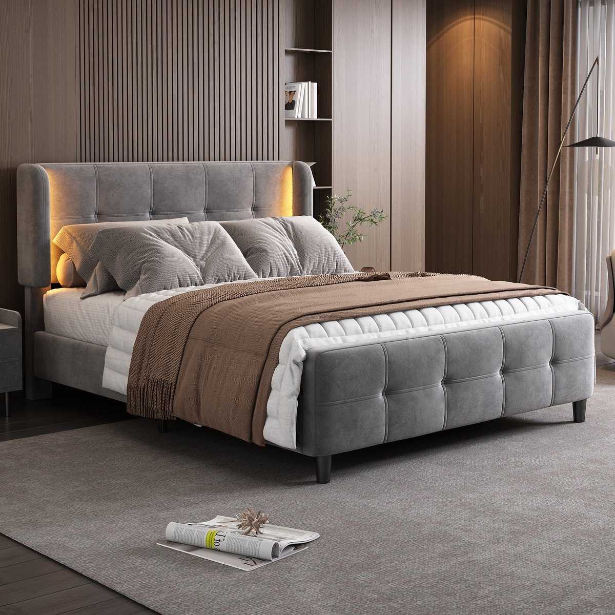 Gestoffeerd bedframe - voor matras 140 x 200 cm - grijs - met LED-verlichting en lattenbodem - matras niet inbegrepen - voor de slaapkamer