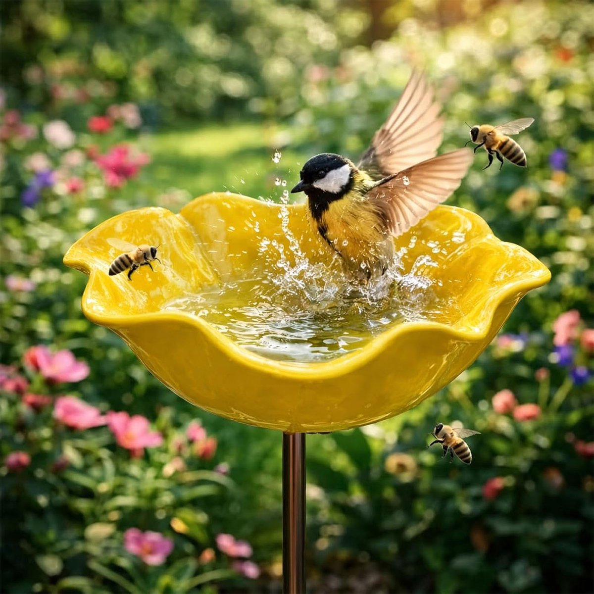 Vogelbad voor de tuin – Drinkplaats voor insecten – Bijenbad – Bloemmotief – Terrasdecoratie – Metalen bloem – Diameter 15 cm – geel