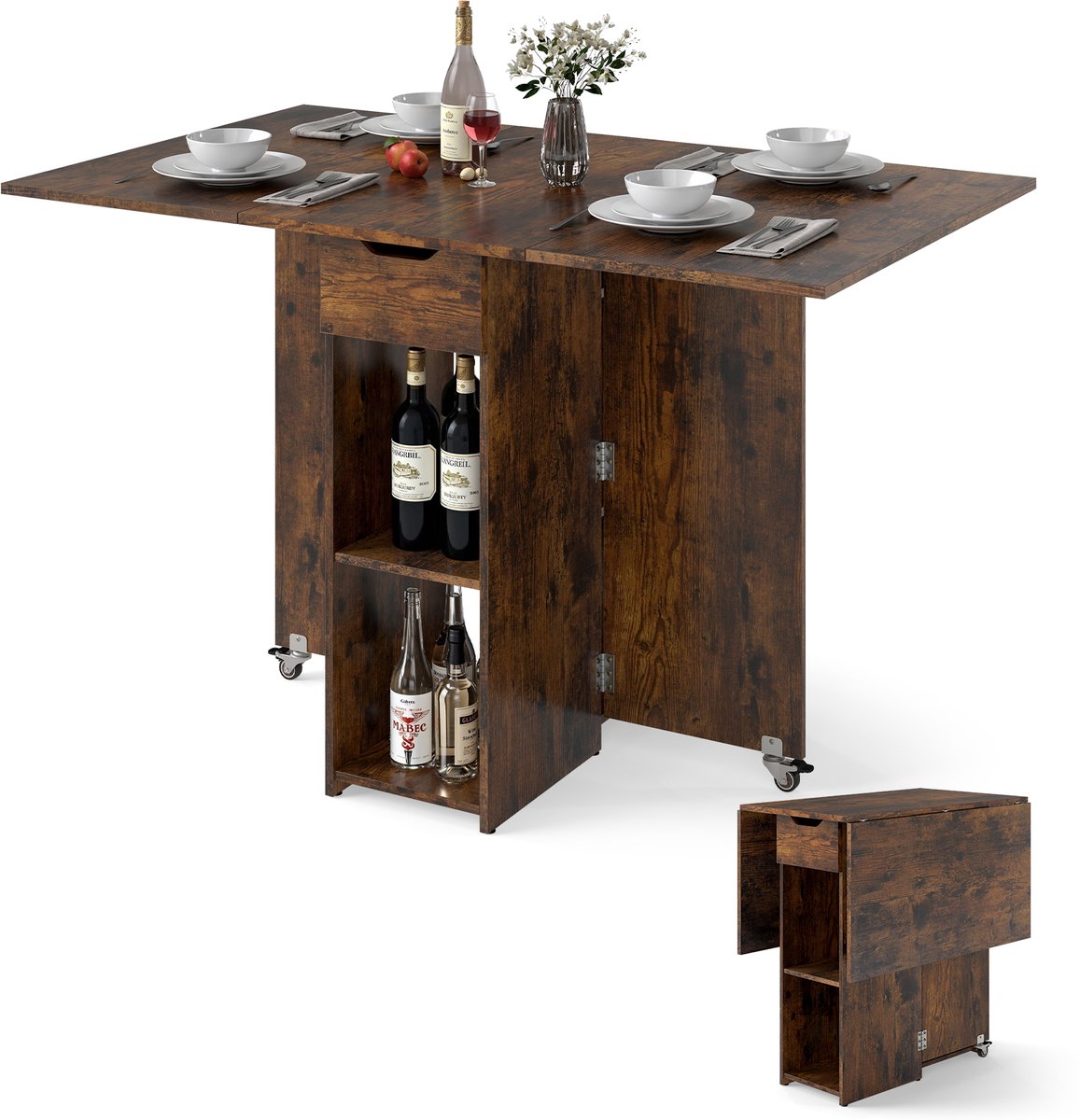 COSTWAY Eettafel inklapbaar, keukentafel met wielen, lade en 2 opbergvakken, klaptafel voor 2-4 personen, eettafel voor kleine ruimtes, eetkamer, keuken, 120 x 72 x 75 cm (Rustiek Bruin)