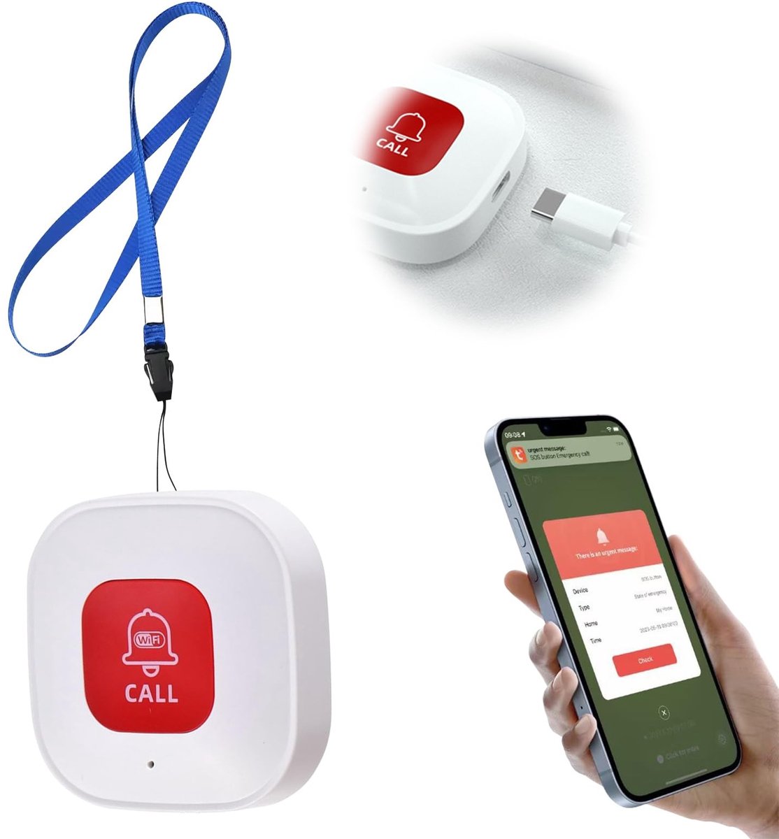Elzusha - Tuya WiFi Noodknop voor Ouderen, SOS Pager met App Monitoring
