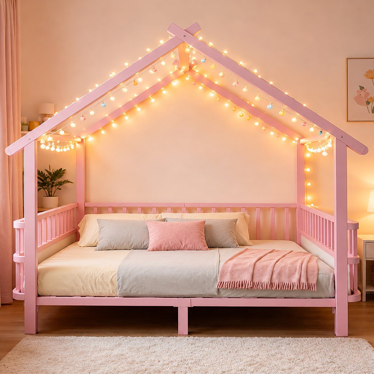 VVBV Kinderbed 140x200 cm - Uitvalbeveiliging, Huisvorm, Stabiel Metalen Frame - Roze, Metaal