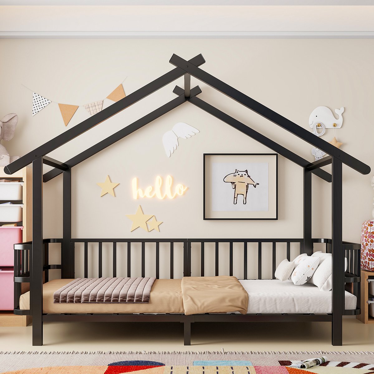 VVBV Kinderbed 90x200 cm - Uitvalbeveiliging, Huisvorm, Stabiel Metalen Frame - Zwart, Metaal
