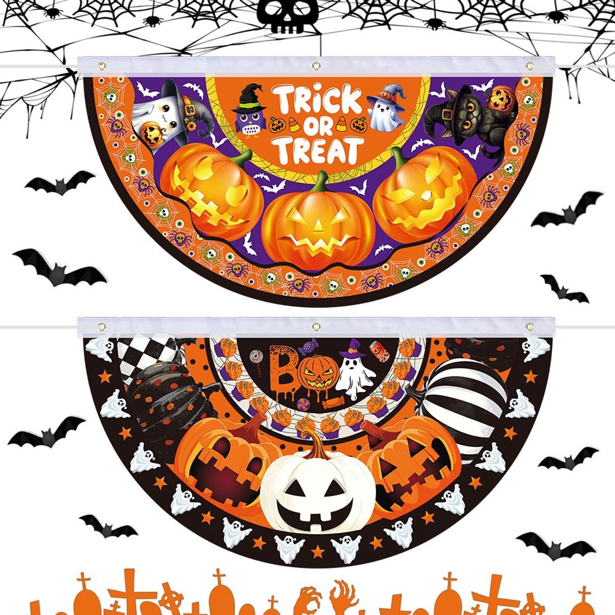 Halloween Vlaggenslinger met Pompoen en Spook - 2 Stuks - 90x48 cm - Voor Tuin, Erf en Voordeur - Buitendecoratie