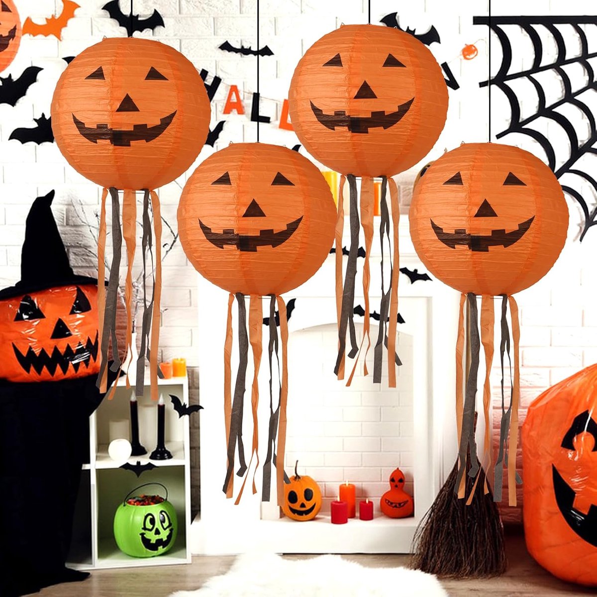 4 Stuks Hangende Pompoen Papieren Lantaarns - 30 cm - Halloween Decoratie - Voor Binnen en Buiten - Feestbenodigdheden