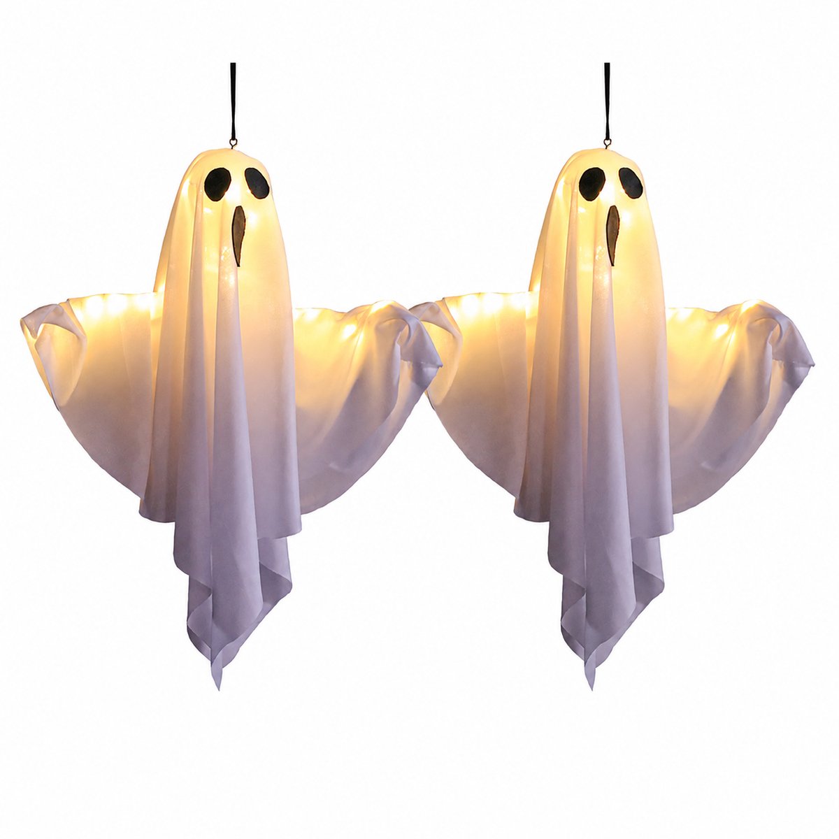 Halloween Hangende Spookdecoratie met Warm Witte LED Verlichting - 50 x 40 cm - Verlichte Geest Hanglamp voor Binnen en Buiten - Decoratie voor Tuin, Voordeur, Balkon, Slaapkamer, Feest, Patio en Halloween Themafeest - 2 stuks