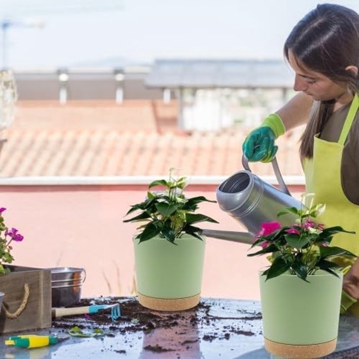 Set van 2 Plantenpotten met Afvoergaten en Schotel 12cm, Moderne Binnenpotten voor Bloemen, Tuin en Vensterbank