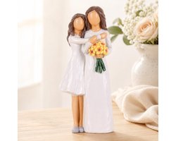 Moeder en dochter beeldje - handbeschilderd harssculptuur met gele bloemen - sentimentele cadeau voor mama - zus of beste vriendin - herinnering voor Moederdag of verjaardag (wit)