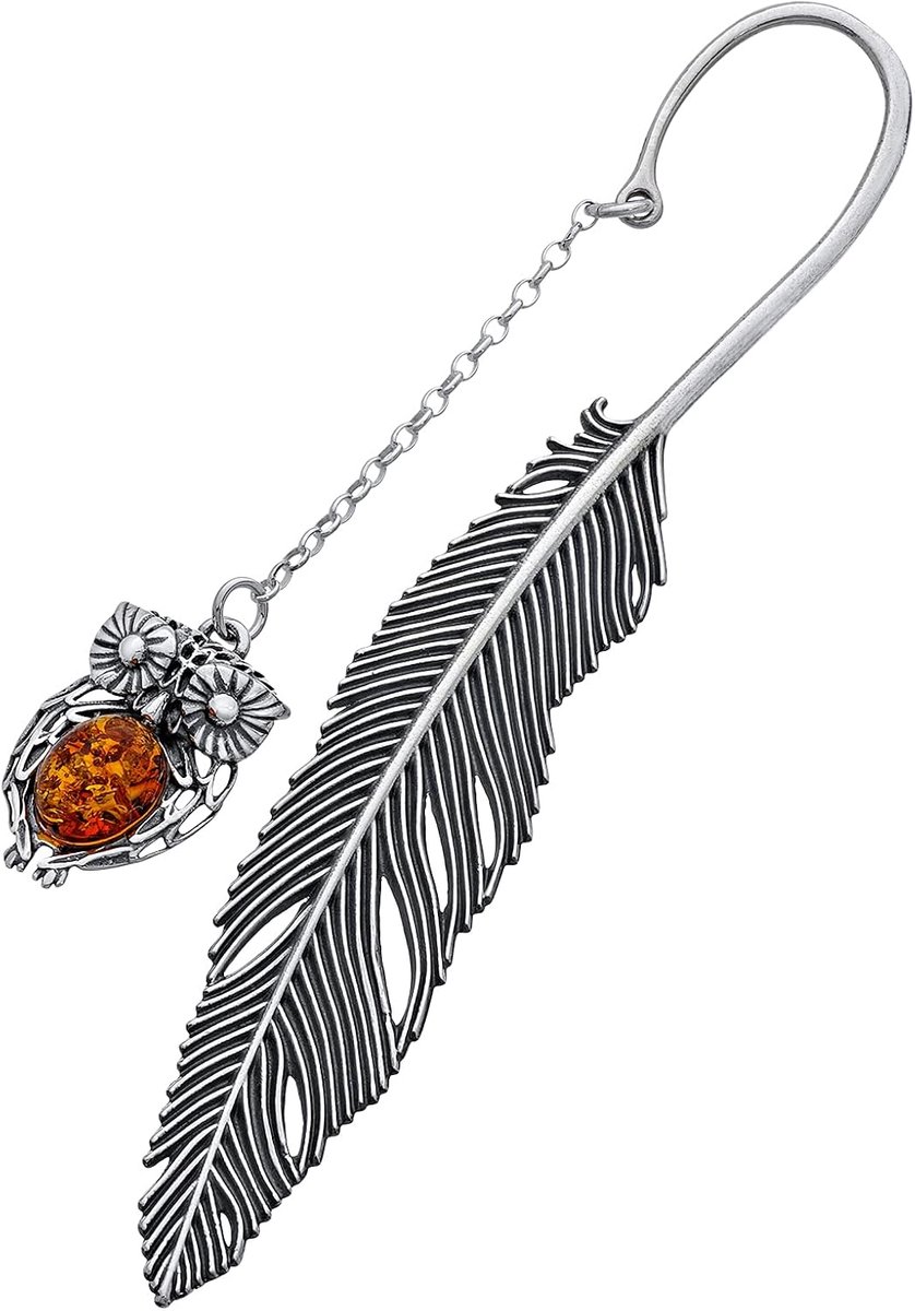 Sterling Zilver Geoxideerd Ovaal Baltische Amber in cognac Kleur Zilver Uil Bladwijzer met Amber L. 11,5 cm