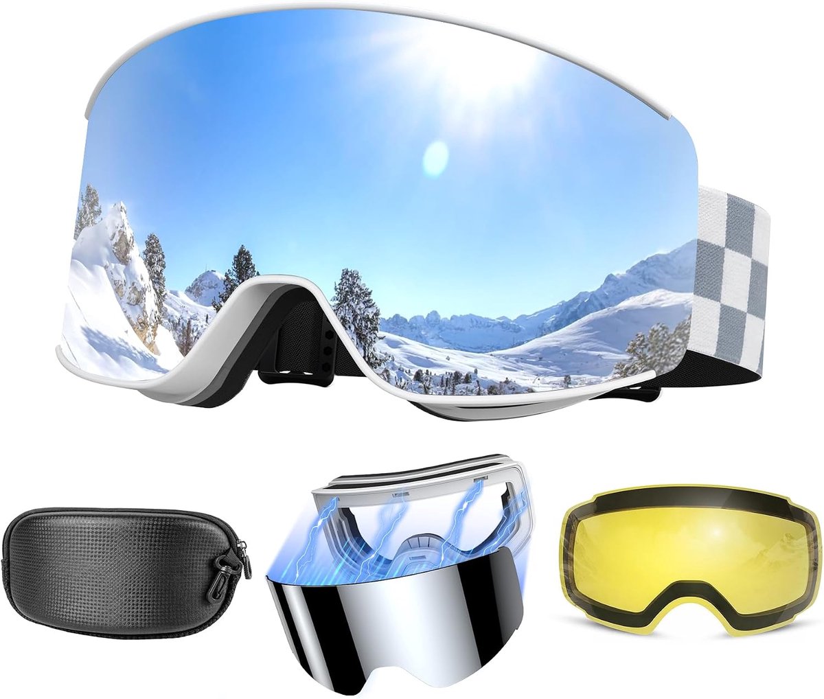 Skibril, snowboardbril voor dames en heren, met 2 magnetische verwisselbare glazen, anti-condens, uv-bescherming, voor heren en dames, tieners, skiën en snowboarden