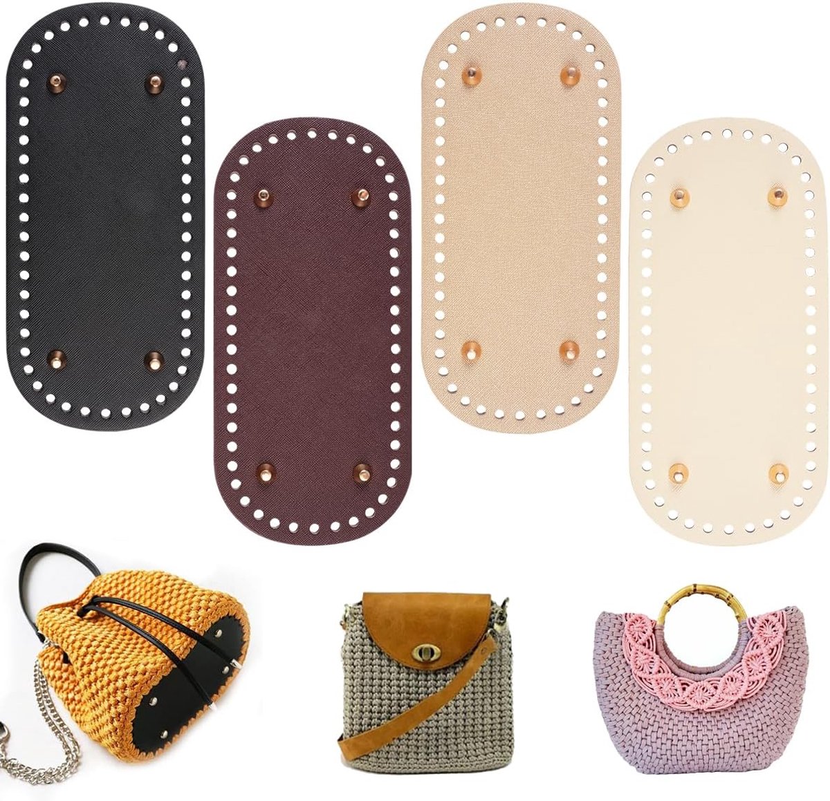 4 Stuks Tasbodem Gehaakt PU Tasbodem Ovaal, 22x10cm Gehaakte Tas Bodem | PU-Lederen Tasbodems Lange Ovale, Onderkant haaknaaldentas ovaal voor Handgehaakte Tassen, Geweven Tassen, Schoudertassen