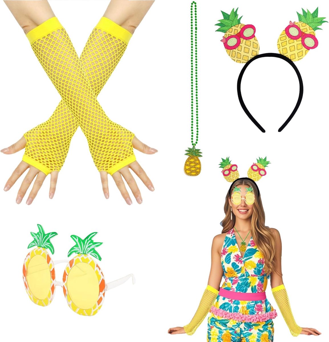 Bril en hoofdband, Ananas Kostuum – Complete set met Ananas Hoofdband, Ananas Bril, Hawaïaanse Hoofdband, Gele Handschoenen en Ananas Ketting voor Vrouwen